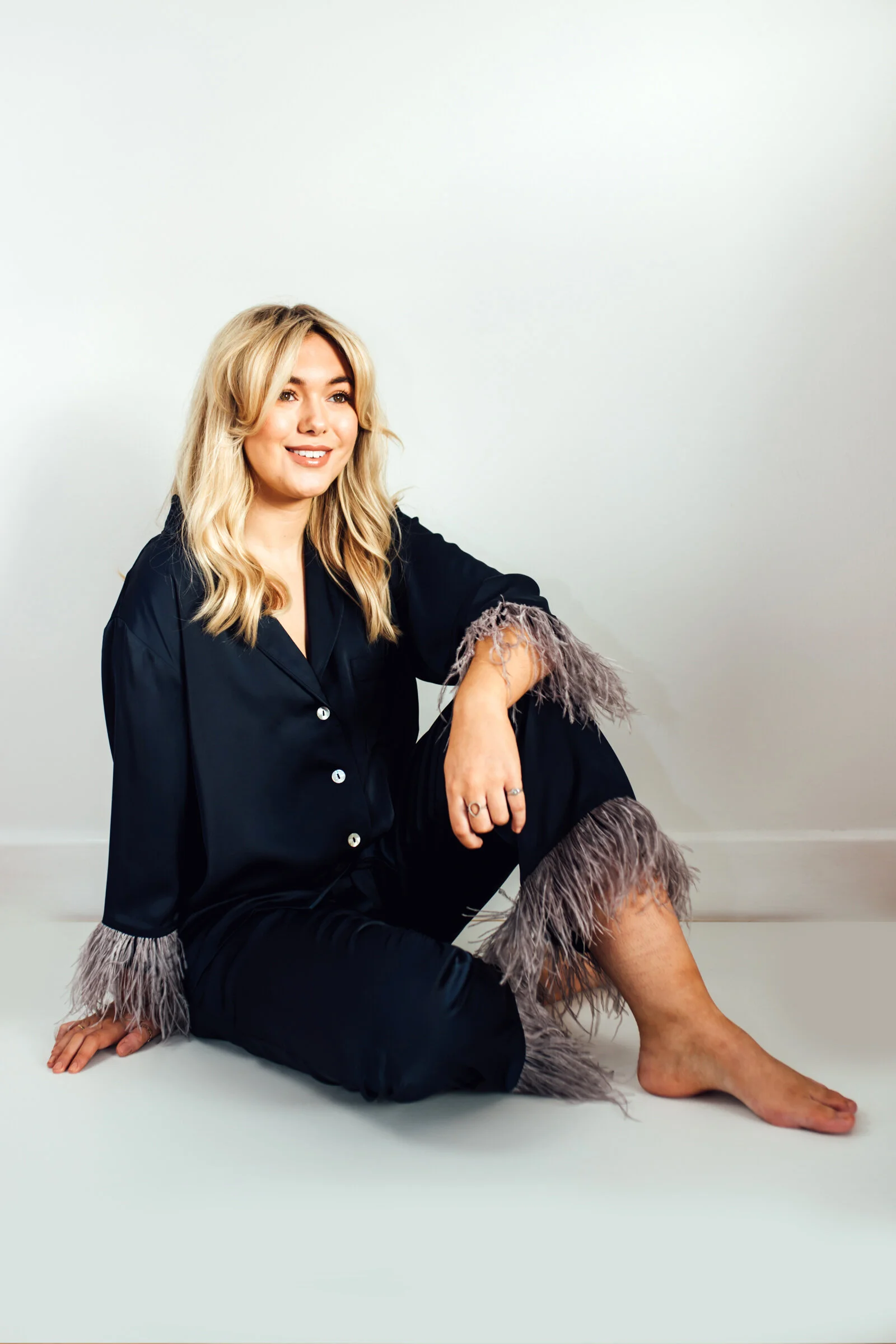 Luna Luxury Classic Navy Pyjamas with Dove Grey Ostrich Feathers Luna Nightwear